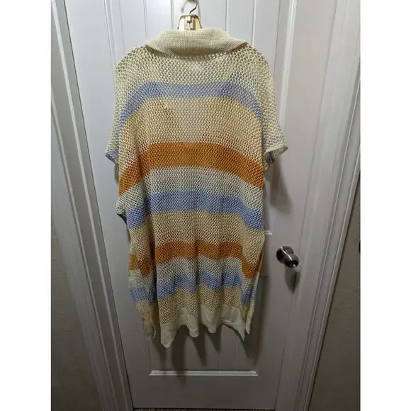 Maeve by Anthropologie Cream Yellow Rust Aqua Striped Open Knit Polo Beach Cover - Picture 5 of 9